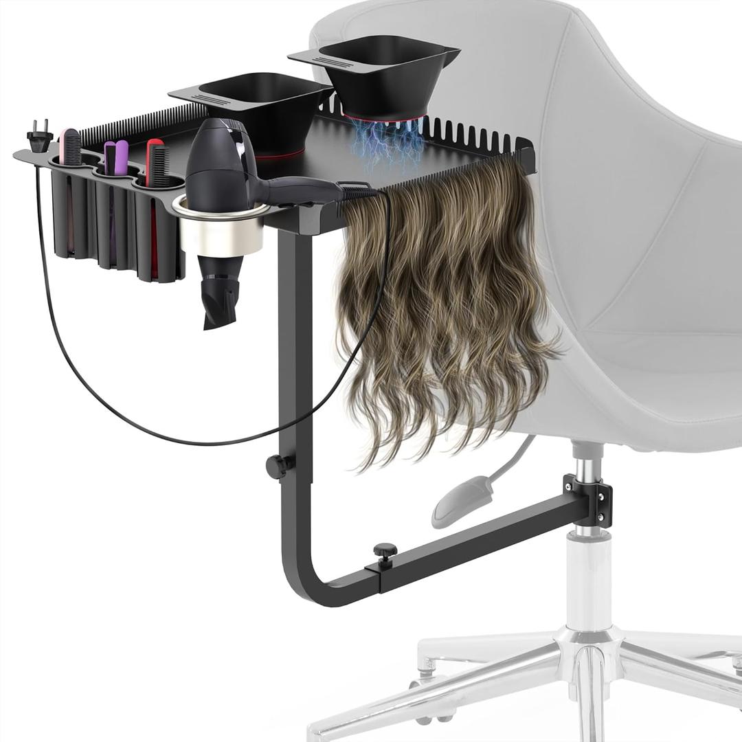 Tasalon Salon Chair Mounted Hair Tray, Metal Hair Extension Holder for Styling, Includes 2 Magnetic Hair Dye Bowls, Professional Hair Color Tray for Hairstylist Station