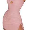 Floerns Women's Strapless Hight Slit Asymmetrical Hem Twist Front Cutout Drawstring Party Clubwear Tube Bodycon Mini Dress