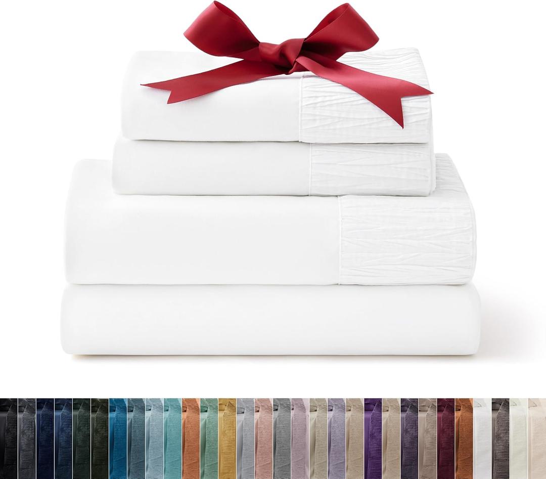 Bedsure California King Sheet Sets - 4 Pieces Soft Cal King Sheets - Breathable & Cooling - Hotel Luxury - Easy Care Polyester Microfiber Bedding for Women, Men, Bright White