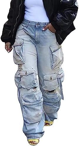 YOOTIKO Womens Baggy Jeans Cargo Pants Y2K High Waisted Distressed Street Denim Wide Leg Trousers with Pockets Size L