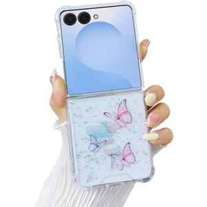 Compatible with Samsung Galaxy Flip 7 Case Clear Butterfly Pink Women Girls Sparkle Glitter Shockproof Phone Cover for Galaxy Z Flip 7 (Butterfly Pink)