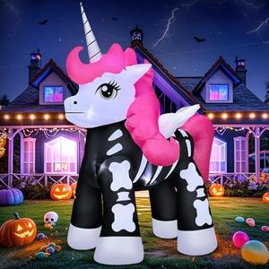 Halloween Inflatables Decoration Outdoor, Halloween Blow up Outdoor Decoration, Built in LED Lights Skeleton Unicorn Decorations for Party, Indoor, Outdoor, Garden, Yard Lawn Décor