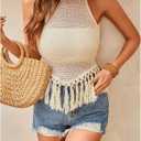 MakeMeChic Women's Crochet Fringe Pullover Sweater Crew Neck Sleeveless Knitted Tank Top (L)