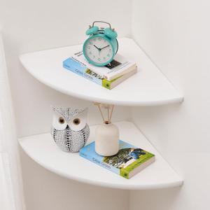 Corner Wall Shelves, White Floating Corner Shelf, Set of 2 16inch Solid Oak Wood Shelves, Round End Wall Mount Display Shelf with Wire Hole for Small Plant for Bedroom Kitchen, Living Room, 16in 2P