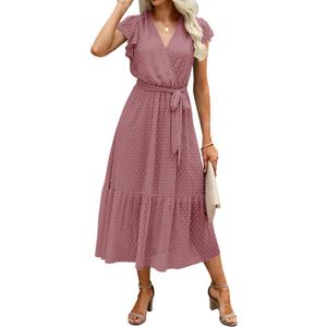 BTFBM Women Summer Bohemian Floral Casual Wrap V Neck Ruffle Cap Sleeveless Belt A-Line Pleated Hem Midi Sun Dress White (Swiss Dot Bean Paste Red)