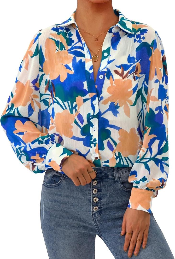 PRETTYGARDEN Women's Floral Blouses Dressy Casual V Neck Button Down Shirts Lantern Long Sleeve Boho Chiffon Spring Tops 2026 (Blue, S)