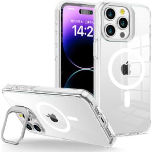 for iPhone 15 Pro Case Clear with Kickstand and Screen Protector - Wireless Charging Compatible,21ft Military-Grade Drop TestedShockproof Slim Fit Magnetic Crystal Cover - White
