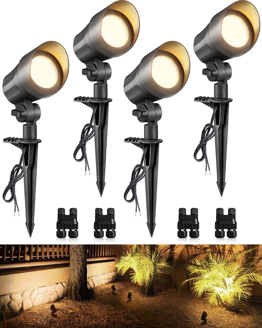 SUNVIE 6W Low Voltage Landscape Lighting LED Landscaping Lights Warm White Low Voltage Lighting Waterproof Landscape Spotlights with Connectors Spot Lights Outdoor for Tree Wall Pathway Yard, 4 Pack