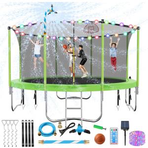 Lyromix Upgraded 12FT Trampoline for Kids and Adults, Large Outdoor Trampoline with Stakes, Light, Sprinkler, Backyard Trampoline with Basketball Hoop and Net, Capacity for 5-8 Kids and Adults