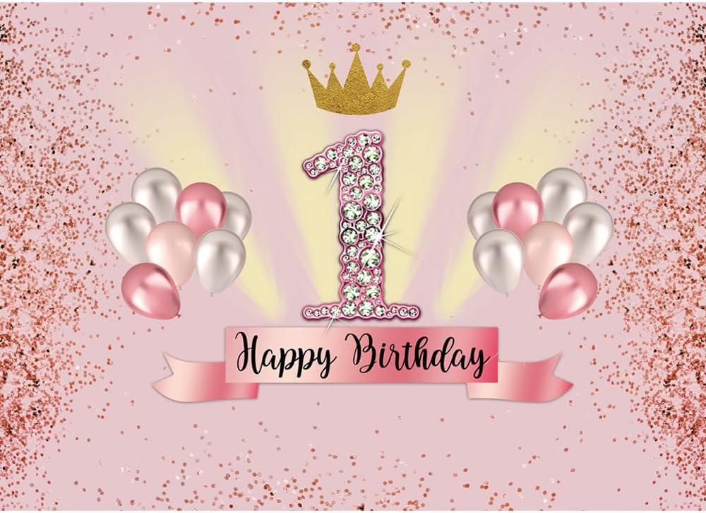7x5ft Pink 1st Birthday Backdrop for Girls Princess 1 Year Old Birthday Party Sign Supplies Ballons Gold Crown Decor Photography Background