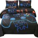 JQinHome Queen Gaming Comforter Sets for Boys,6 Piece Bed in A Bag 3D Video Game Bedding All Season Soft Microfiber Gamer Bedding Sets for Kids, Pillowcase, Flat Sheet, Fitted Sheet,Cushion Cover (Blue)