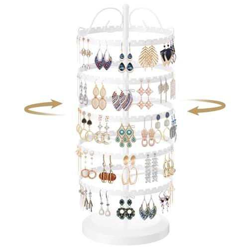 LASZOLA 5 Tier White Earring Holder Organizer Tree Women Display Storage for Stud and Hoop, Large Cool Rotating Clip Stand for Pierced and Dangle Earring, Vertical Metal Tower Carousel with 400 Holes White