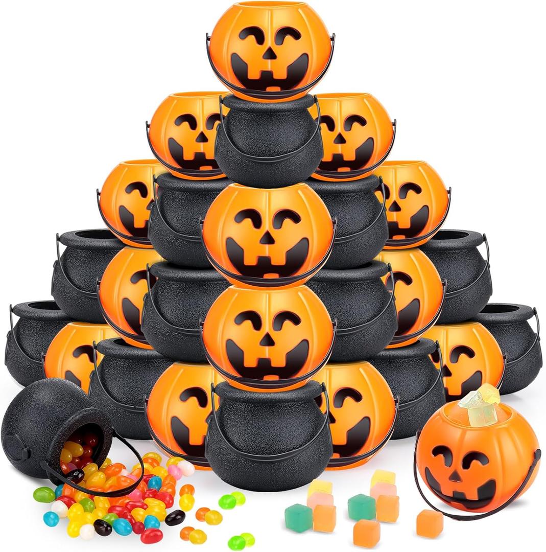 Liliful 72 Pcs Halloween Mini Pumpkin Bucket Jack O Lantern Witch Cauldron Small Spooky Halloween Candy Cauldron Pot Portable Pumpkin Buckets for Party