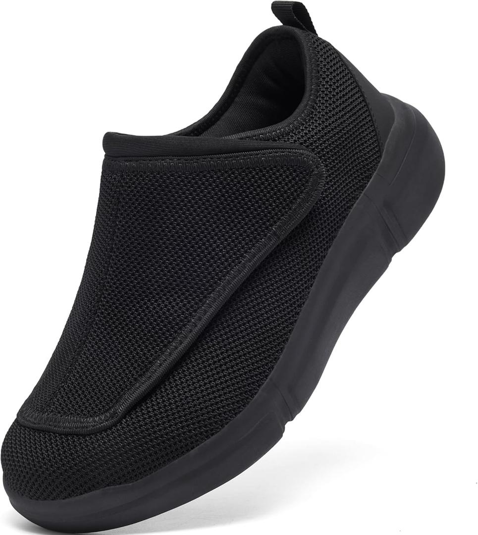 Men's Wide Diabetic Slip-On Shoes Adjustable Comfortable Walking Shoes for Swollen Feet Elderly Foot Pain Relief and Neuropathy Support (8.5 Wide, Black)