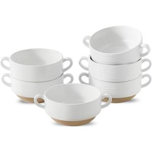 Hasense Ceramic Soup Bowls with Handles, 20 oz Oven Safe French Onion Soup Bowls Set of 6, White Serving Dishes for Entertaning, Ideal for Soup, Salad, Stew, Microwave & Dishwasher Safe
