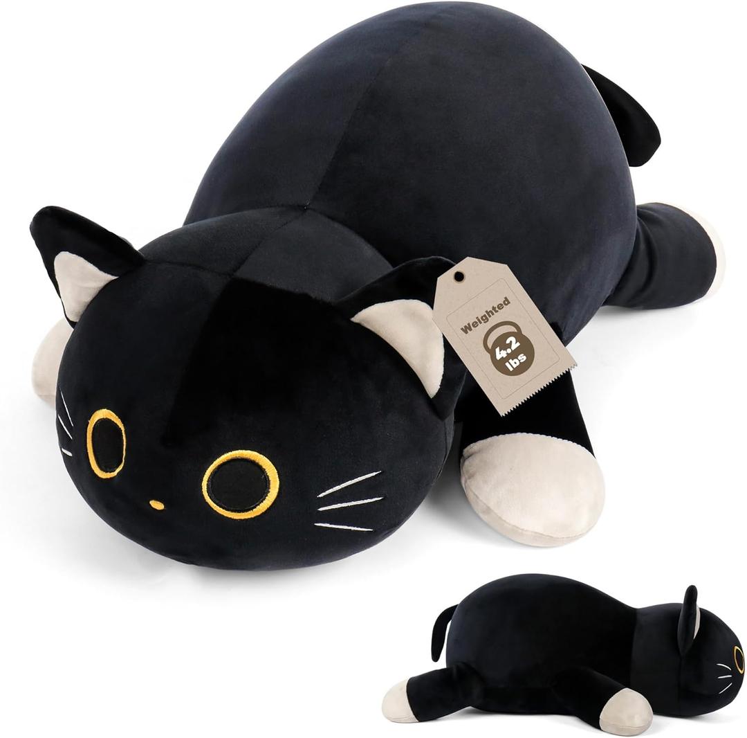 24" Black Cat Plush Weighted Stuffed Animals, 4.2lbs Weighted Black Cat Pillow Giant Cat Stuffed Animal Cuddle Plushies Gift for Kids Adults