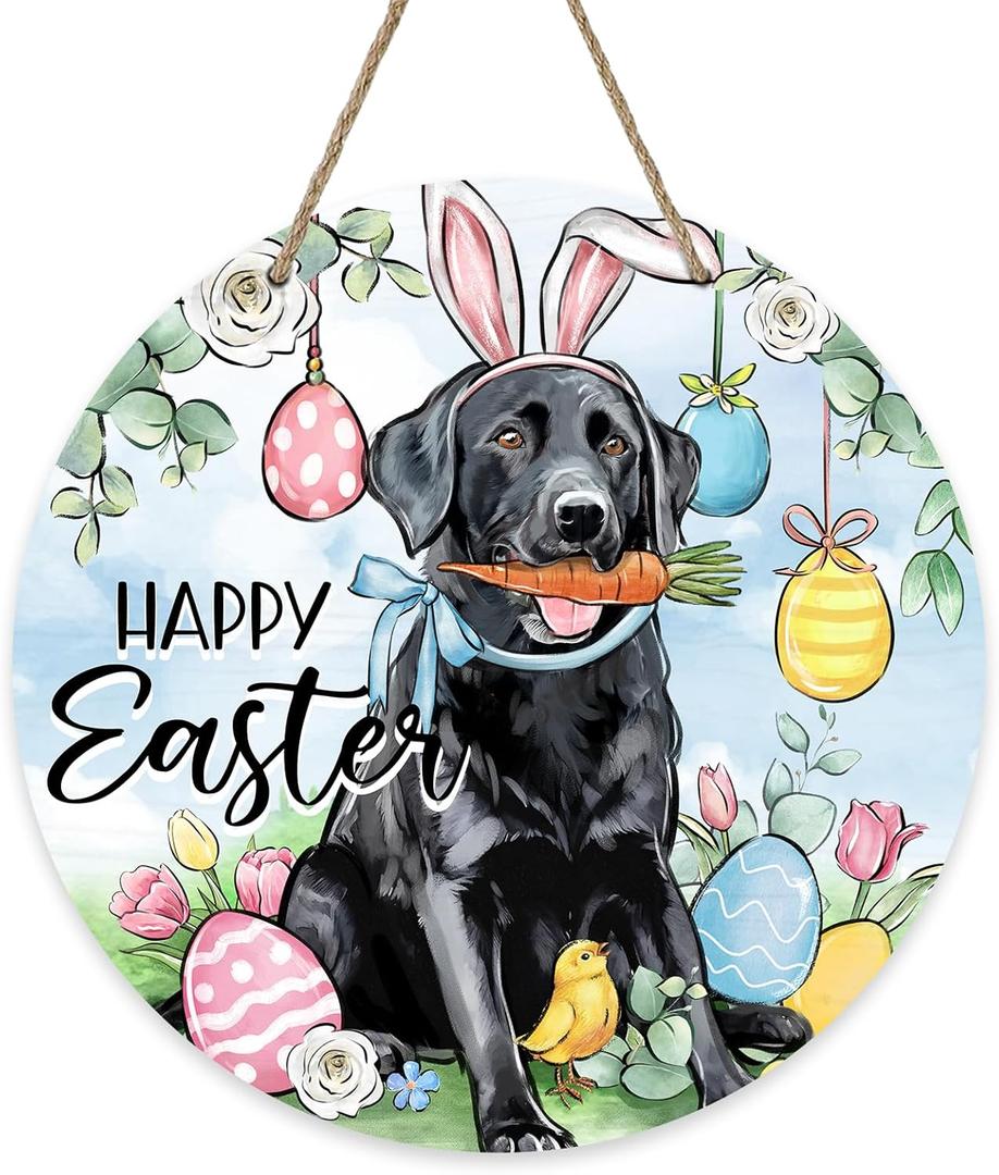Happy Easter Black Labrador Dog Front Door Sign, Easter Eggs Wood Door Hanger Outdoor Outside Porch Decor, Spring Chick Carrot Wooden Wreath Indoor Wall Hanging Decoration Pet Lover Gift