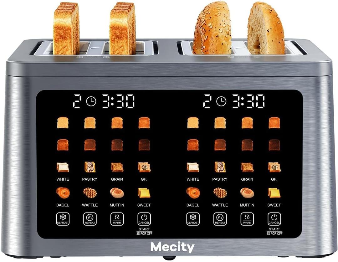 Mecity 4 Slice Toaster Wide Slot, Auto Lift Keep Warm Smart Toaster with Touch Screen, Dual Control Panel, Defrost, Auto Shut Off Digital Toasters for Bagel Muffin Waffle Gluten Free Breads1700W 120V
