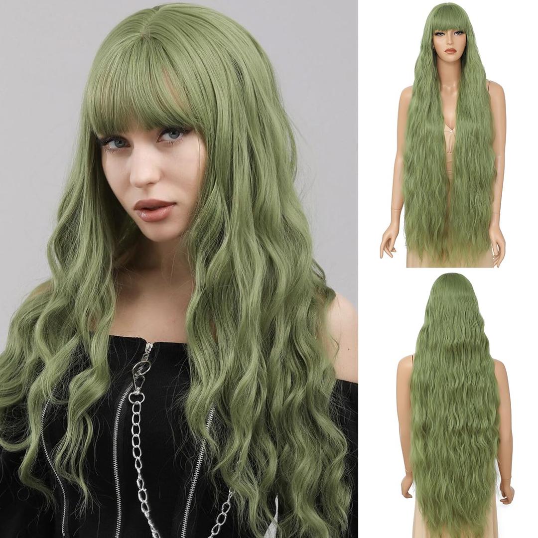 Long Wavy Wig with Bangs for Women,Wig Long Bangs Wig,Natural Looking Synthetic Heat Resistant Hair (Green13, 40inch)