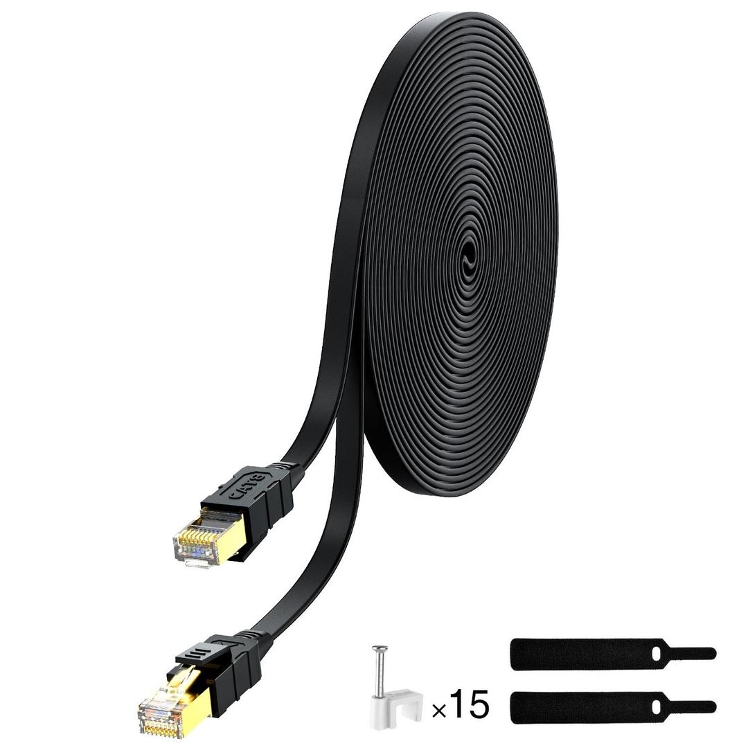 Lovicool Cat 8 Ethernet Cable 50ft, Flat Internet LAN Patch Cord Black Shielded High Speed, 26AWG 40Gbps 2000Mhz SFTP with Gold Plated RJ45 Weatherproof S/FTP UV Resistant for Router/Gaming/Modem