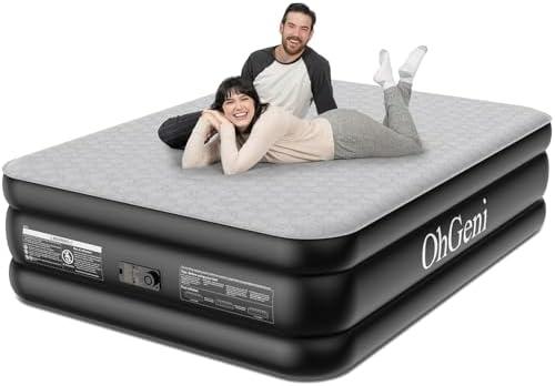OhGeni Queen Air Mattress with Built-in Pump, 18" Raised Inflatable Bed, Silk Foam Topper for Superior Comfort, Premium Blow Up Mattress for Home, Camping & Guests, Easy Setup, Extra Support, Black