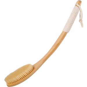 Household Long Curved Handle Bath Brush, Natural Bamboo Body Scrubber with Hanging Rope, Hard and Soft Bristle/Oval Brush Head, Deep Cleaning(Original Color B,56 * 7.6cm)