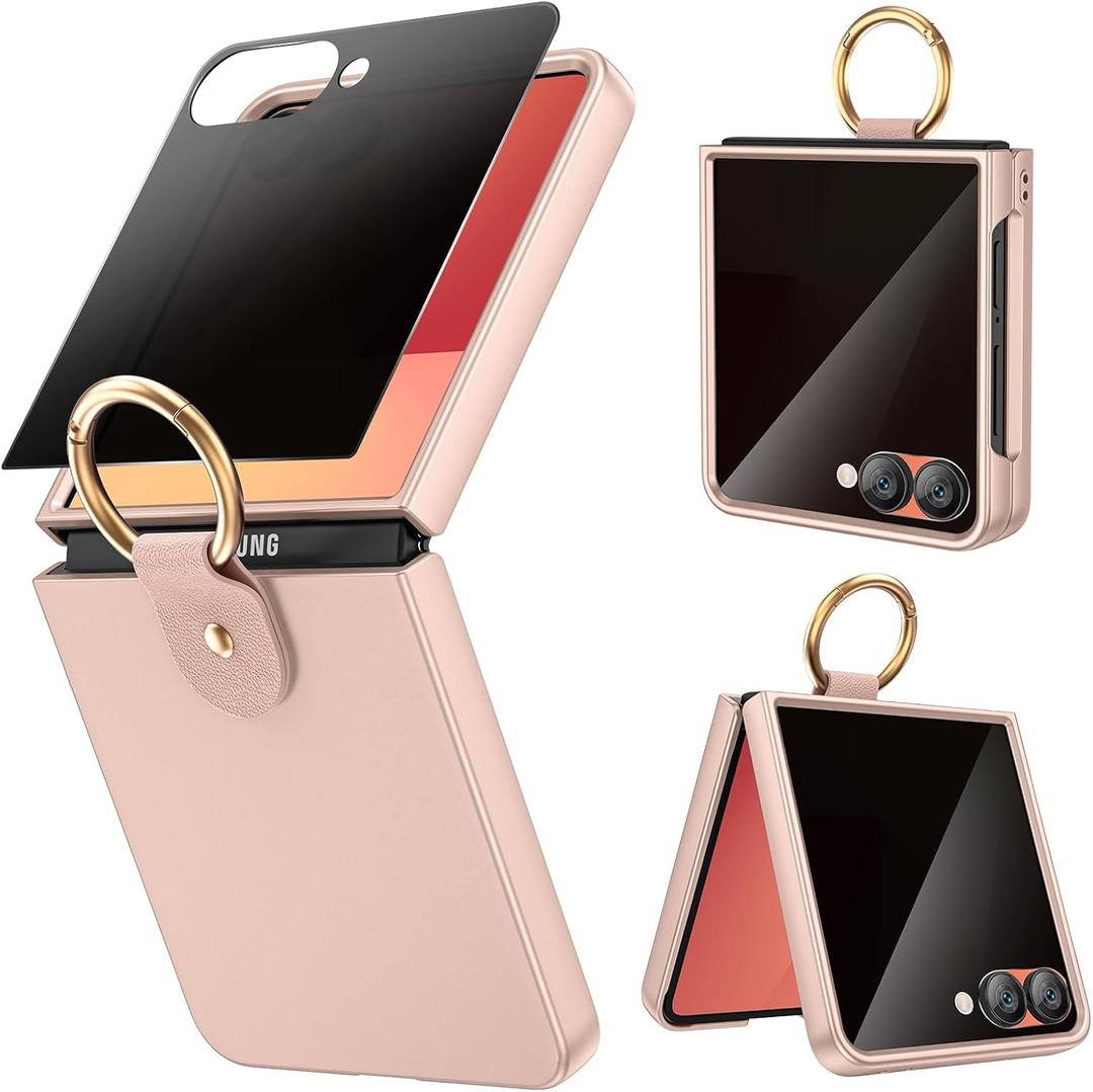 Ruky for Samsung Galaxy Z-Flip-7 Case with Ring, Full Body Shockproof Z Flip7 Case with Built-in Outer Privacy Screen Protector Girls Women Cover for Galaxy Z Flip 7, Rose Gold