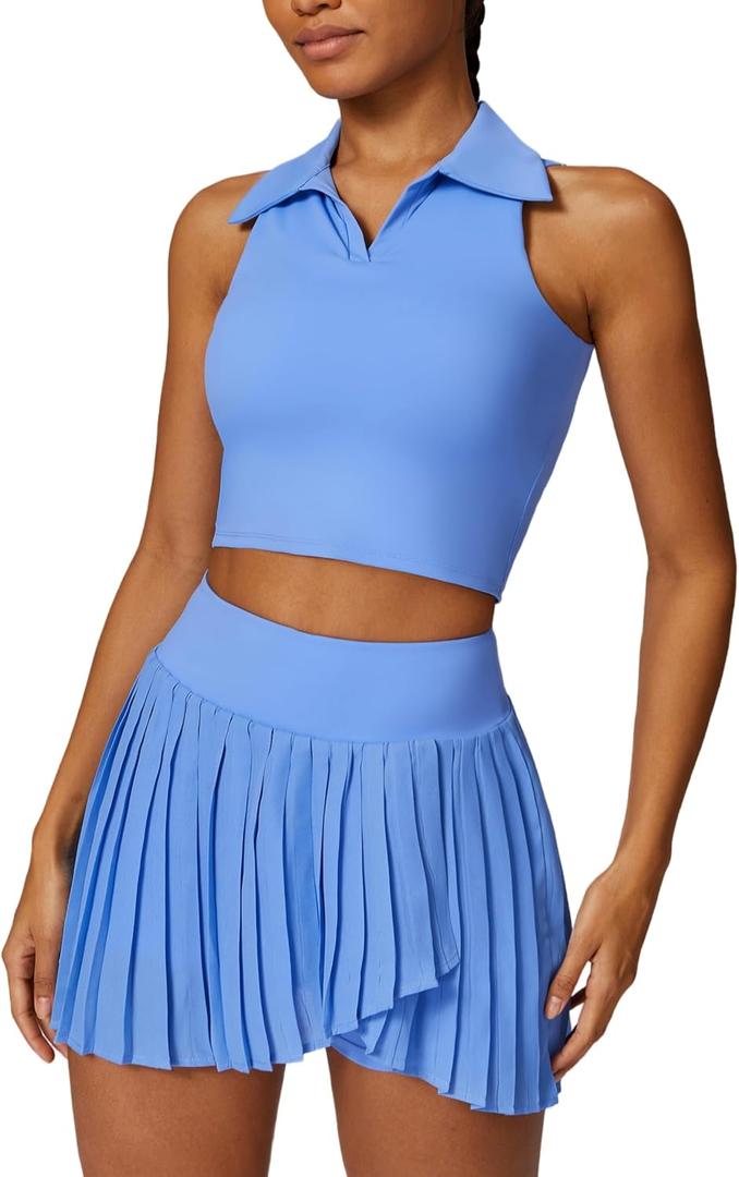ABEHIK Women 2 Piece Tennis Dress Sleeveless Racerback Padded Crop Top Pleated High Waisted Tennis Skirt Golf Workout Outfits (Blue, M)