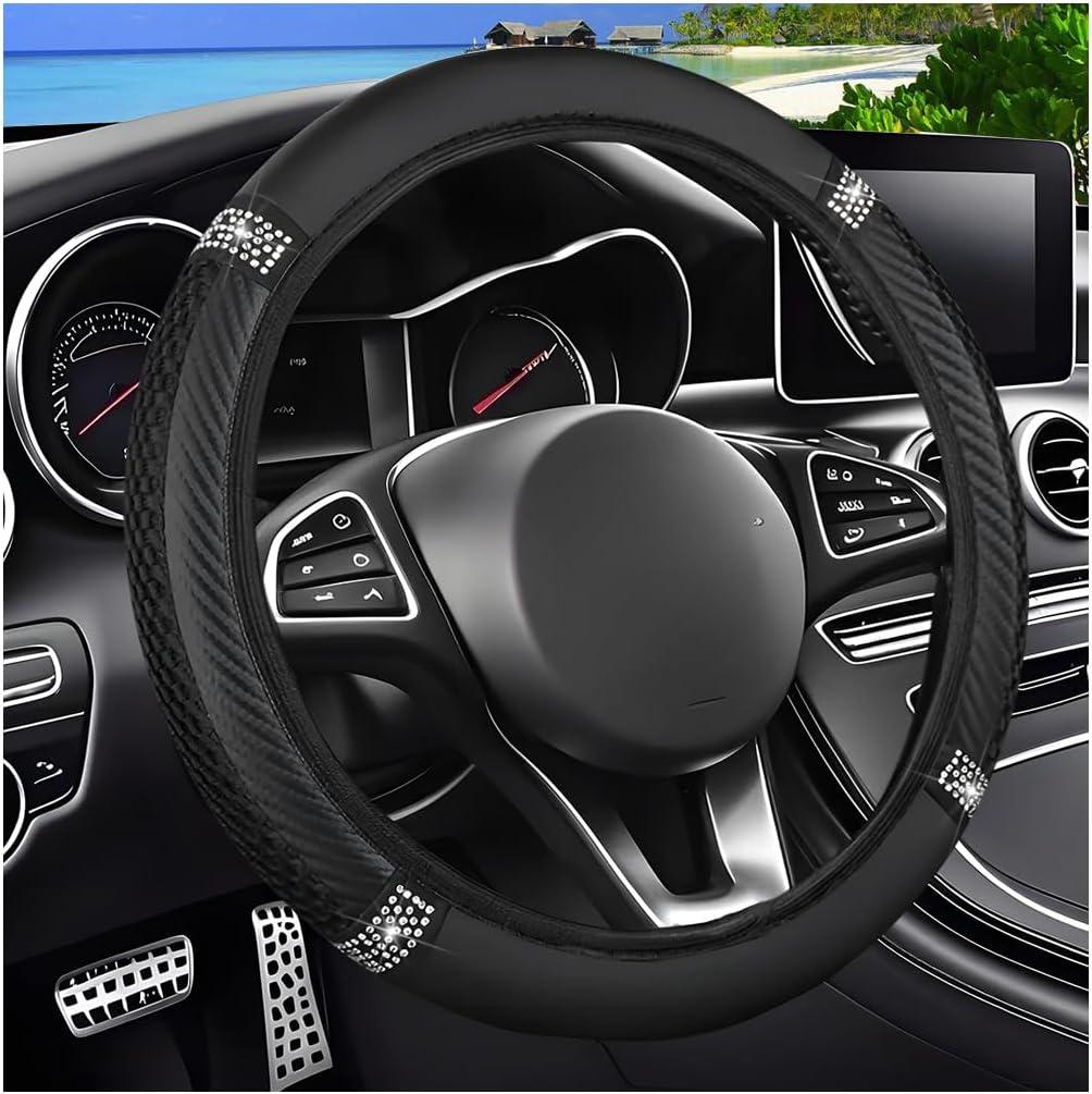 Bling Car Steering Wheel Cover, Crystal Rhinestones Elastic Stretch Vehicle Steering Wheel Protecter for Women Girl, Automotive Interior Accessories, Universal for SUV Sedan Truck (Black)