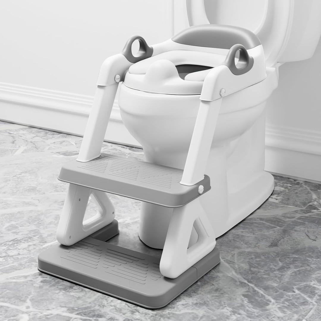 Potty Training Seat with Step Stool Ladder for Kids and Toddler,Wiifo Sturdy Potty Ladder with Soft Padded Cushion for Toddler Boys and Girls(Light Grey) 2025 New Version
