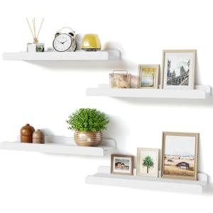 Love-KANKEI White Floating Shelves for Wall Set of 4, Wood Wall Shelves with Lip,15.6 Inch Rustic Hanging Shelves for Bedroom Bathroom Living Room Kitchen Nursery Display
