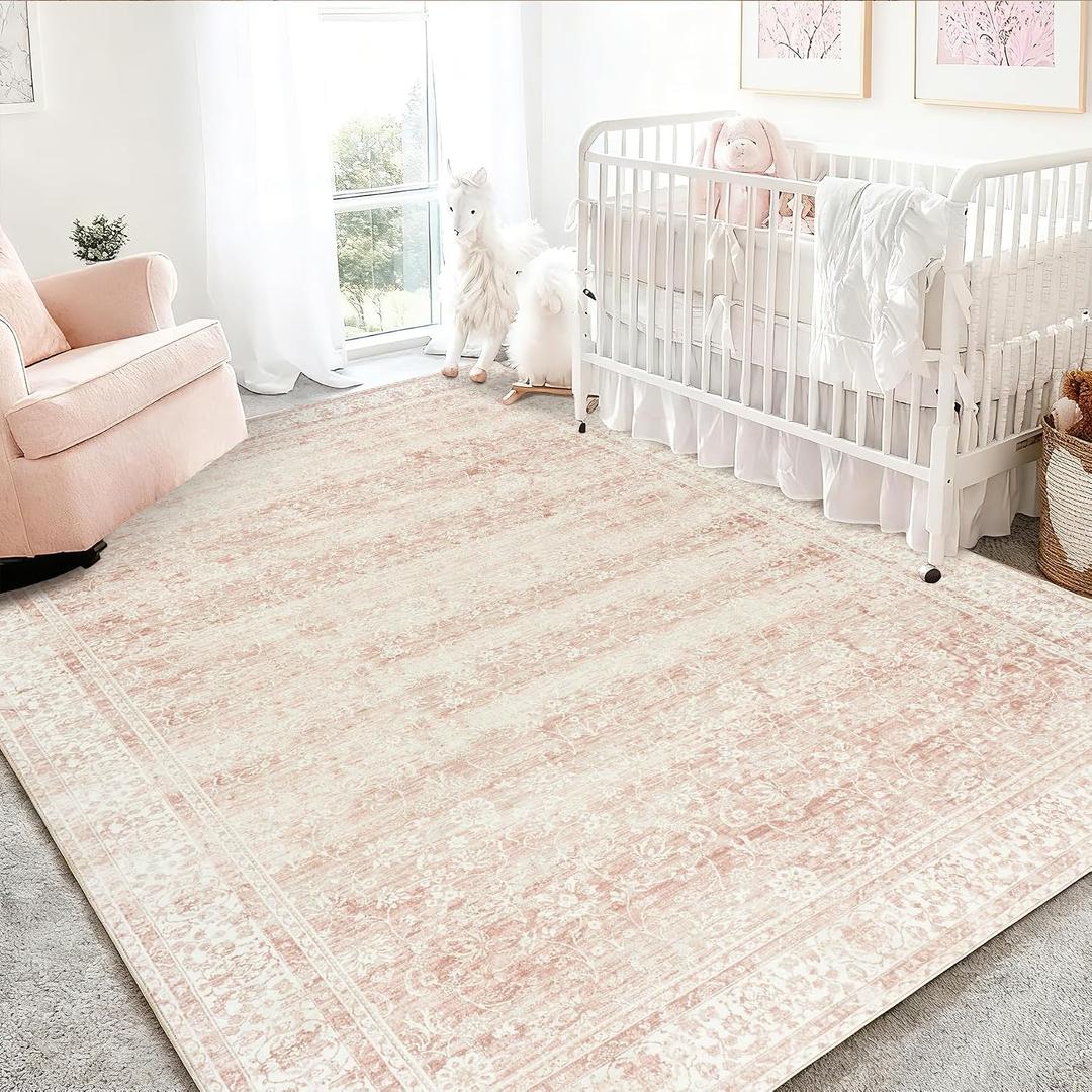 Pink Nursery Rug for Girls Room Vintage Floral Washable 5x7 Rugs for Dorm