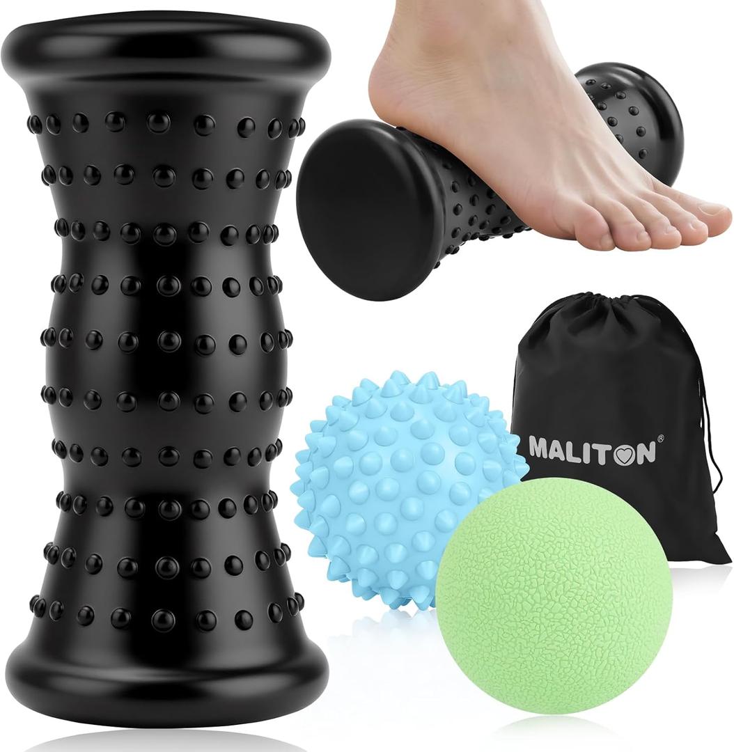 Maliton Massage Ball & Foot Roller - 3-in-1 Set with Spiky Ball, Lacrosse Ball, Massage Roller - Plantar Fasciitis Relief and Heel Spur Pain, Trigger Point Therapy for Deep Muscle Massage.