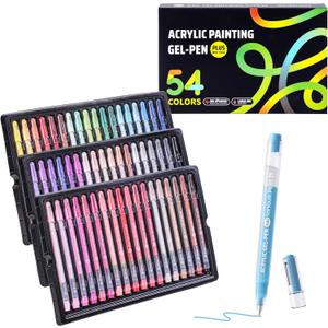 Acrylic Painting Gel Pens 54 Colors with 1mm Bullet Tip, Color Gel Pens for Adult Drawing, Coloring, Sketching, Journaling, DIY, Acrylic Ink Pen for Black Paper, Rock, Glass, School and Art Supplies