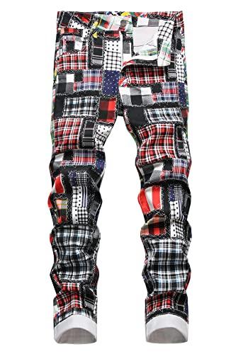 Men's Straight Slim Fit Plaid Printed Jeans Skinny Denim Pants,845 Black&Plaid, Size 30