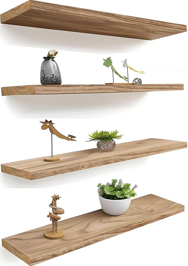 24 Inch Light Wood Floating Shelves for Wall Rustic Wall Shelf for Bedroom Living Room Set of 4, 24Incn