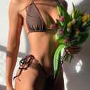 MIYOUJ Women Halter String Bikini Set Sexy Thong Cheeky Two Piece Swimsuits Solid Color Bathing Swimwear (Brown, S)