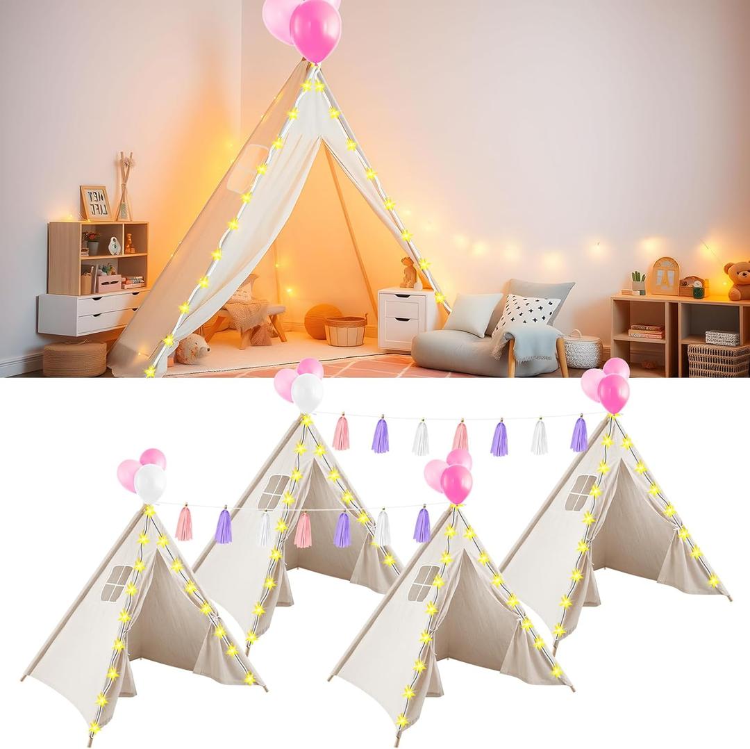 4 Pack Kids Teepee Tent for Girls Slumber Party Tents Bulk, PLULON Kids Sleepover with Inflatable Airbed and Decorations Play White Teepee Indoor Outdoor
