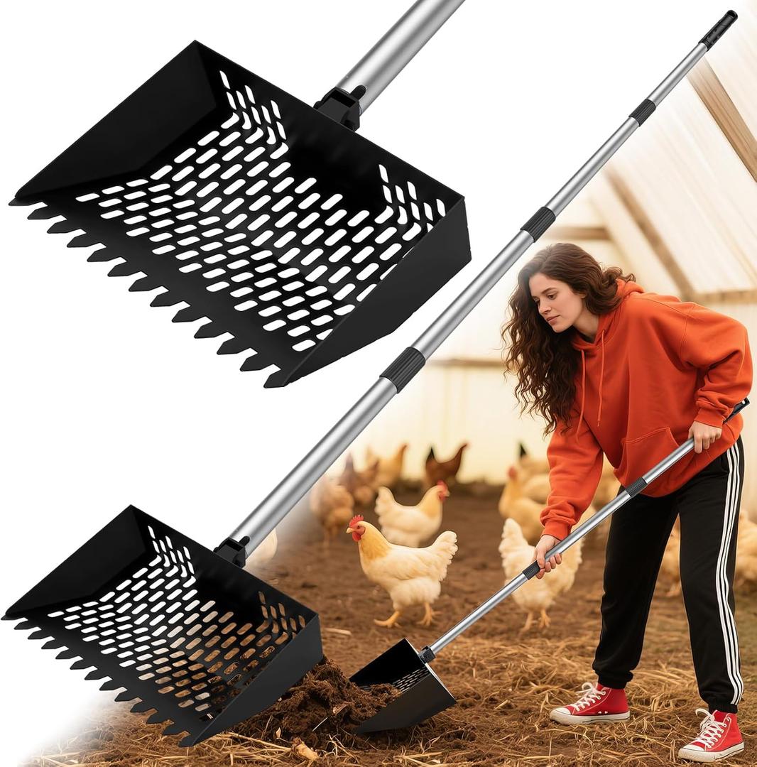 Chicken Poop Scooper & Rake 2-in-1, 4 in 1 Stainless Steel Handle Chicken Coop Pooper Shovel (23 to 62"), Suitable for Animal Sheds, Garbage Shovel with Adjustable Angle, Scooper Sand Sifting Shovel