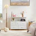 DUMOS TV Stand, Dresser with 5 Fabric Storage Drawers, Media Console Featuring Open Shelf for TV, Compact Entertainment Unit for Bedroom, Living Space, or Dorm Organization, White, 39.4"D x 11.8"W x 31.5"H