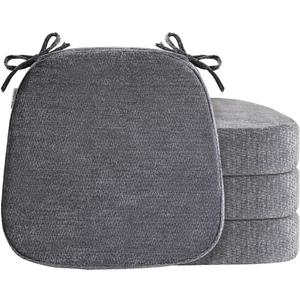 D-Shaped Chair Cushions for Dining Chairs, 2.5 Thick Chair Pads with Washable Comfortable Textured Cover, Non Slip Kitchen Chair Cushions with Ties, 16.5" x 16.5", 4 Pack, Dark Grey