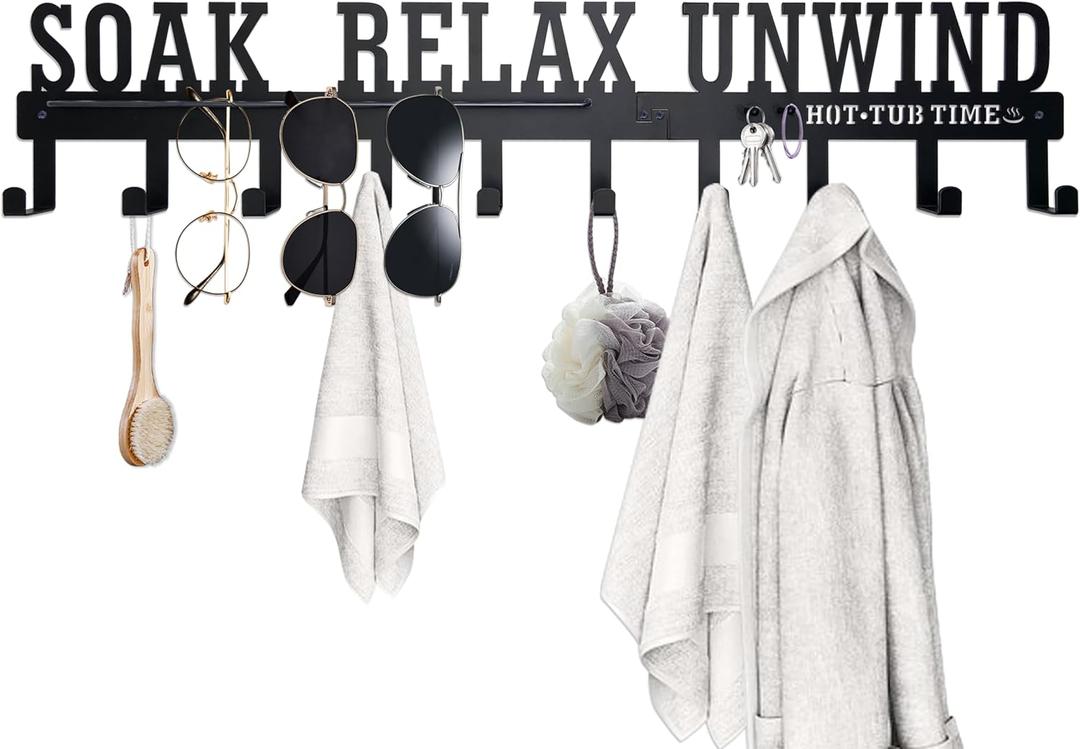 Hot Tub Towel Rack for Outdoor 28 inches, Hot Tub Accessories Holder with 10 Hooks,Towel Rack for Bathroom and Outside Hot Tub, Wall Mount Towel Organizer for Towels,Coats and Robes, Black