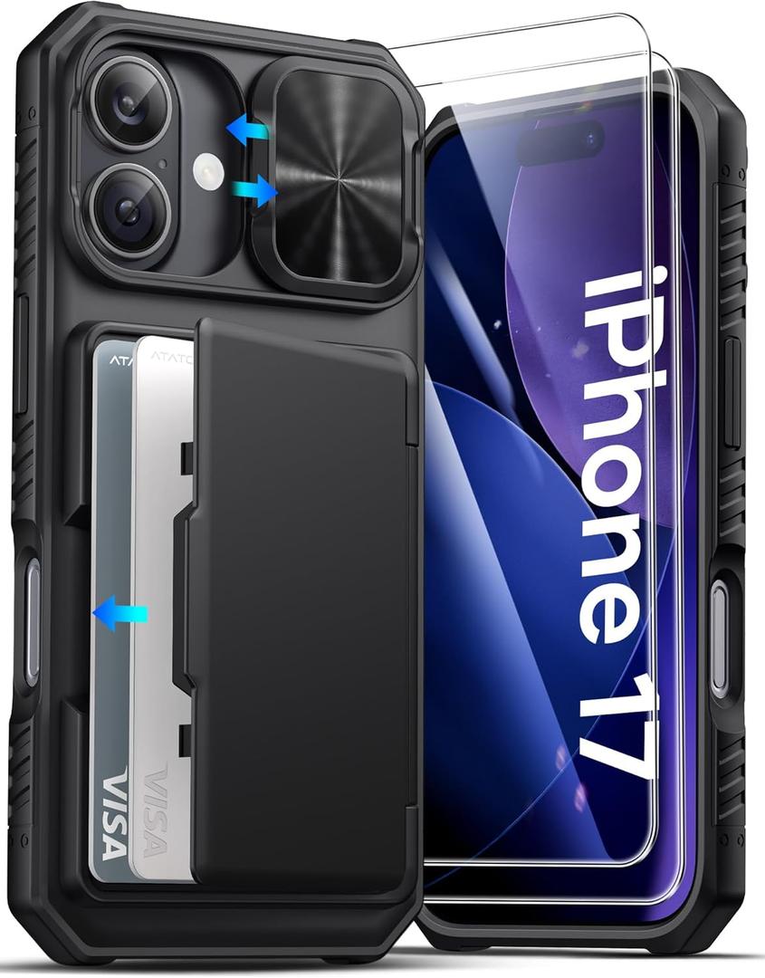 ATATOO for iPhone 17 Case Wallet with HD Tempered Glass Screen Protector [2 Pack], Card Holder & Slide Camera Cover, Military Grade Protection, Hard Protective Case for iPhone 17 6.3" 2025, Black