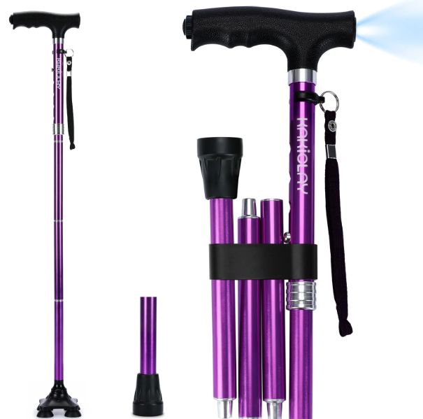 Kakiclay Walking Cane for Women & Men, Adjustable Lightweight LED Walking Stick with Autonomous Standing, Large Sturdy 360 Swivel Base Crutches Cane for Senior