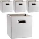 PRANDOM Leather Foldable Cube Storage Bins 11x11 inch [4-Pack] Fabric Storage Baskets Cubes Drawer with Cotton Handles Organizer for Shelves Nursery Closet Bedroom Clothes White