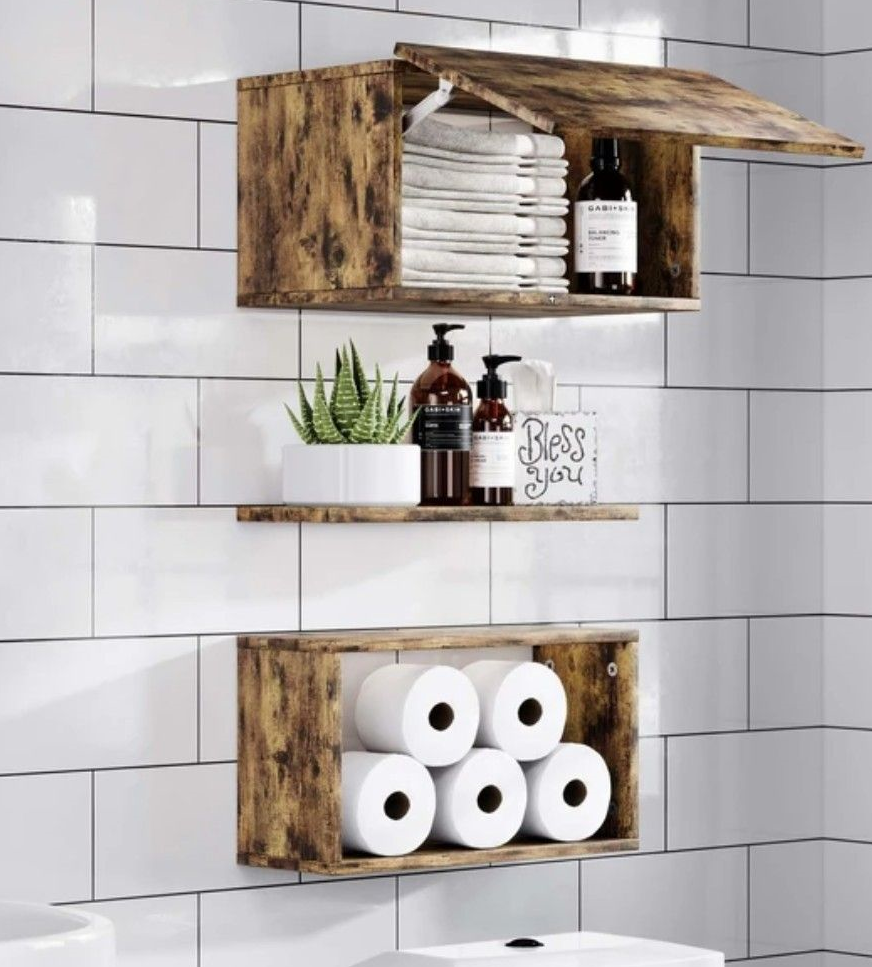 CEAKIAN Floating Shelves,Wall Mounted Shelf Over Toilet,with a HighCapacity Storage Box & Shelf,090° Free Hover,16inch Set of 3,Brown