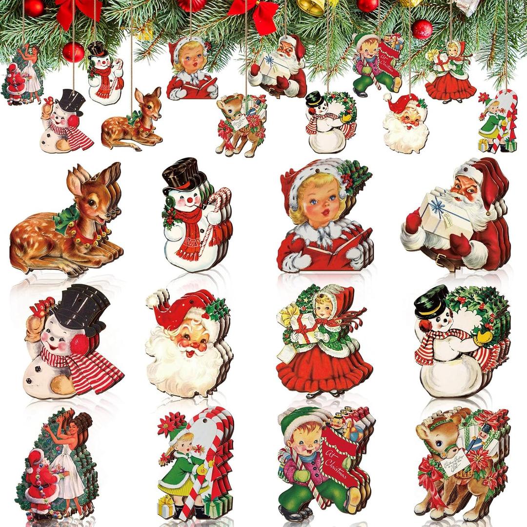 Huwena 36 Pcs Vintage Christmas Ornaments Wooden Christmas Tree Ornaments Wood Cutouts Rustic Farmhouse Tree Decorations for Home Xmas Winter Party (Deer,Vintage Color)