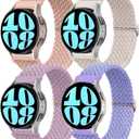 20mm Braided Elastic Bands for Samsung Galaxy Watch 7/FE/6/6 Classic 40mm 44mm 43mm 47mm 42mm 46mm Solo Loop Band, Adjustable Stretchy Nylon Fabric Sport Wristbands for Samsung Watch 7/6/5/4 (Pink/Starlight/Lilac/Lavender)