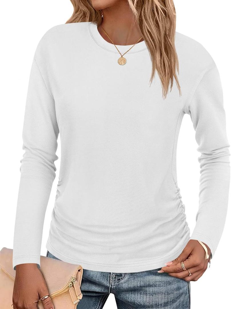 Tankaneo Womens T-Shirts Summer Long Sleeve 2025 Crew Neck Blouse Dressy Casual Ruched Slim Fit Trendy Tops (White, L)