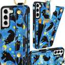 Petitian for Samsung Galaxy S22 Case with Wallet - Women Girls Cute Girly Aesthetic Unique Design Leather Credit Card Holder Cardholder Stand Wristband for S22, Blue Cat